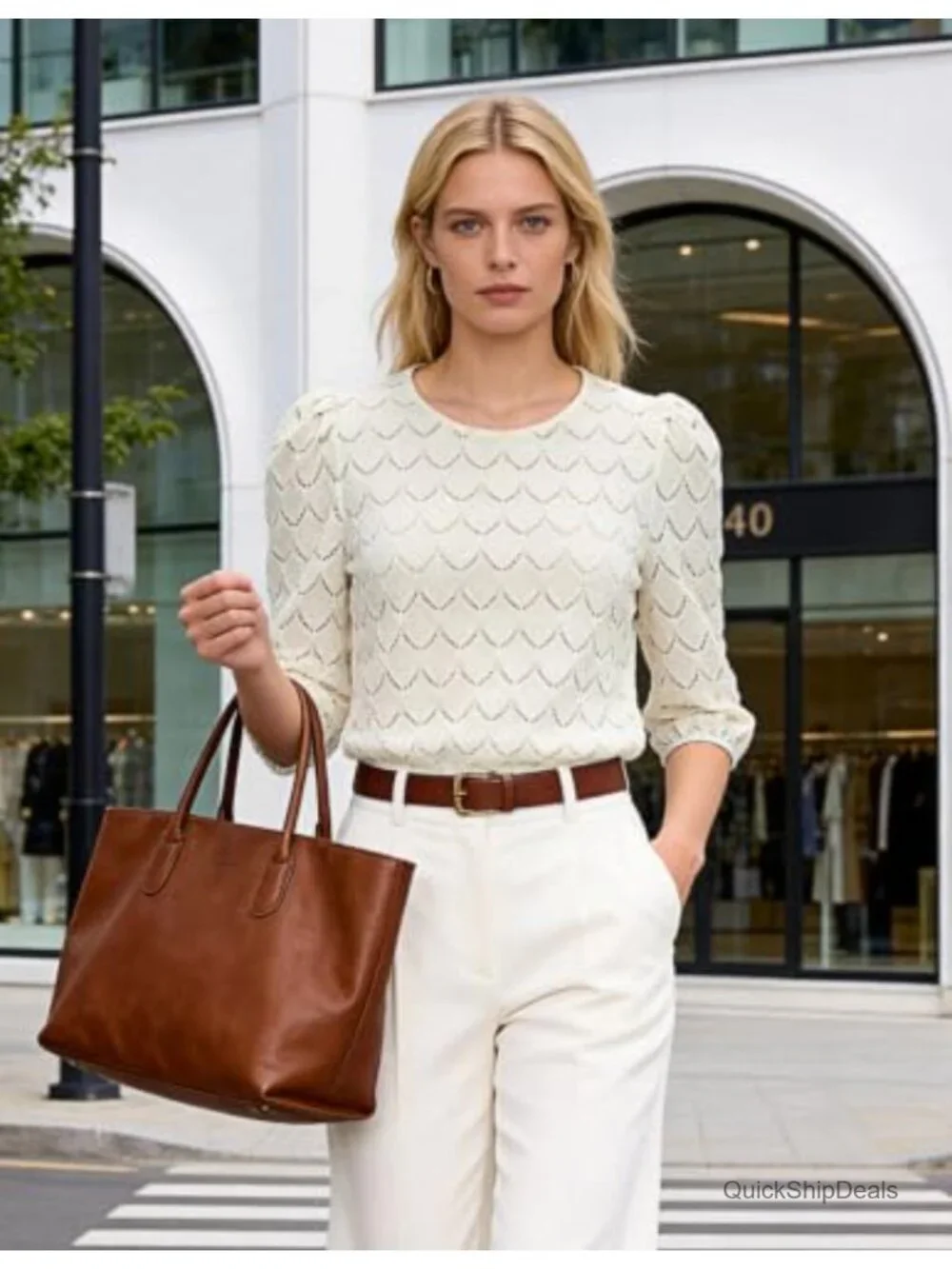 Women's Embroidered Eyelet Blouse 3/4 Sleeve Puff Sleeve Crew Neck